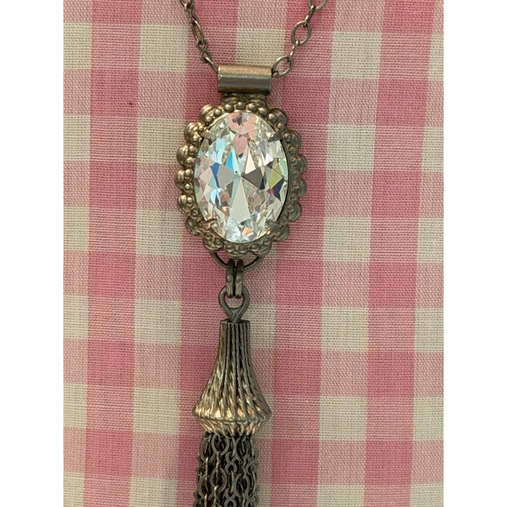 Sorrelli Clear Crystal Long Tassel Necklace Antique Bronze Tone Signed Statement
